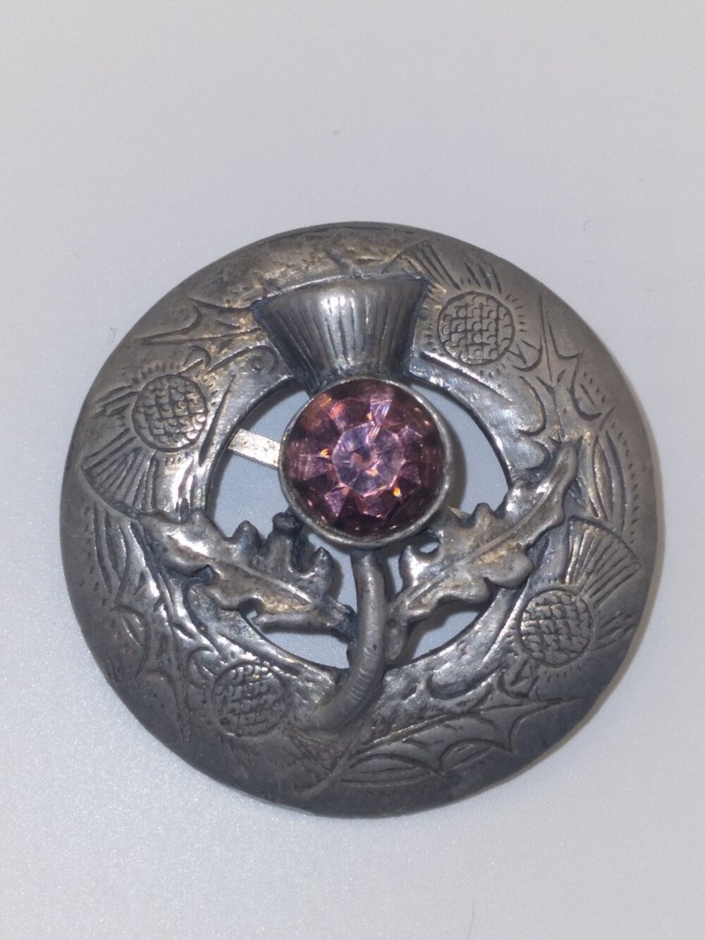 Vintage Celtic Brooch Scottish Antique Sterling Silver with Amethyst Glass Stone